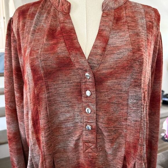 Cocomo Y2K Blouse Sz 1X Plus Boho Roll Tab Pink Orange Stretchy Abstract Artsy - Picture 3 of 6